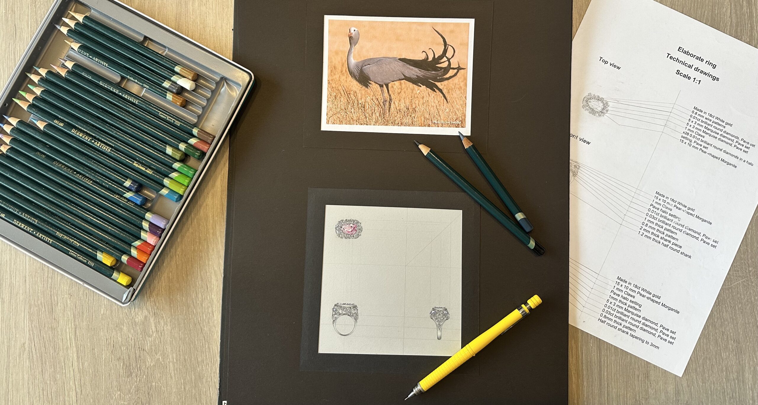 Hand-drawn luxury ring design inspired by South Africa’s national bird, the Blue Crane — showcasing Lurozzia’s bespoke design process with technical sketches, gemstone layouts, and artisan pencil renderings. Lurozzia bespoke luxury experience