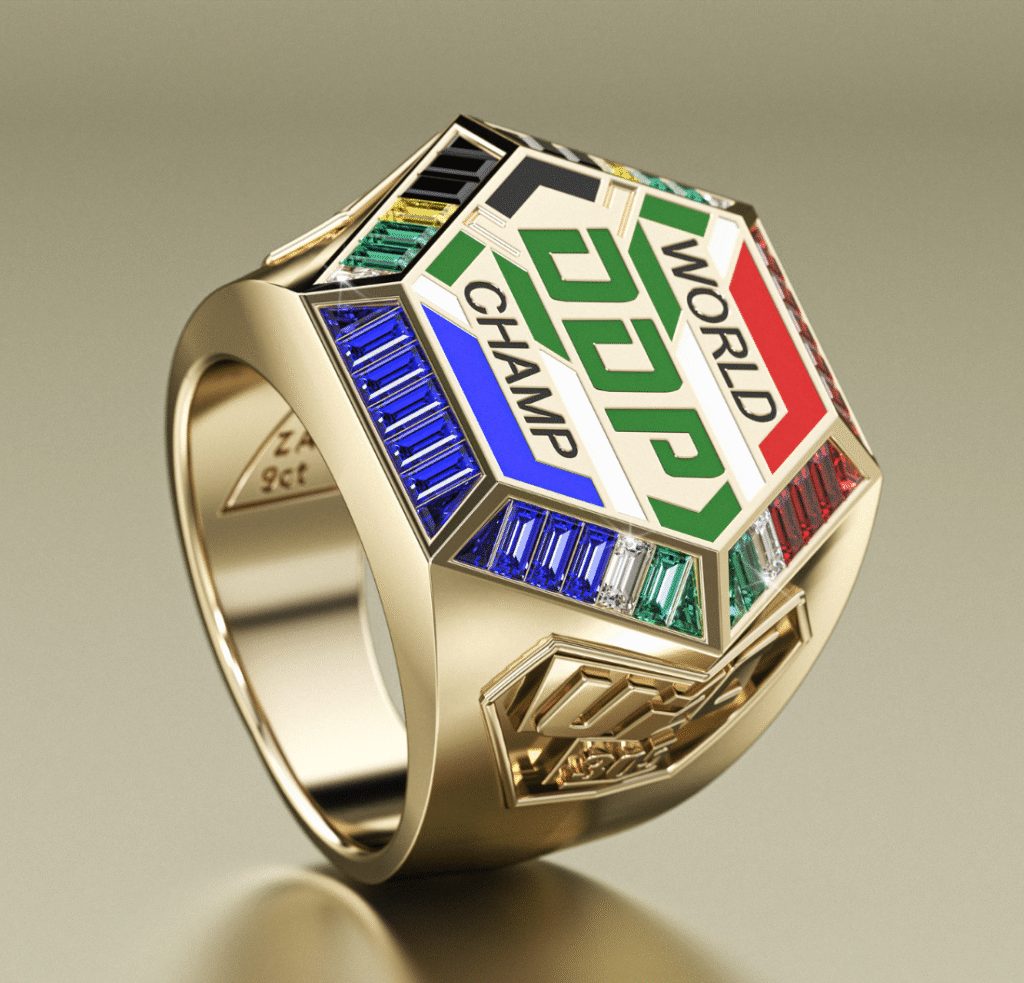 Custom-designed gold championship ring created for UFC World Champion Dricus Du Plessis, DDP, meticulously designed by Roelien Riekert, founder of Lurozzia Jewellers, to celebrate his historic title defense against Israel Adesanya in Perth, Australia — South African bespoke excellence in combat sports and legacy design. Lurozzia Atelier Editions