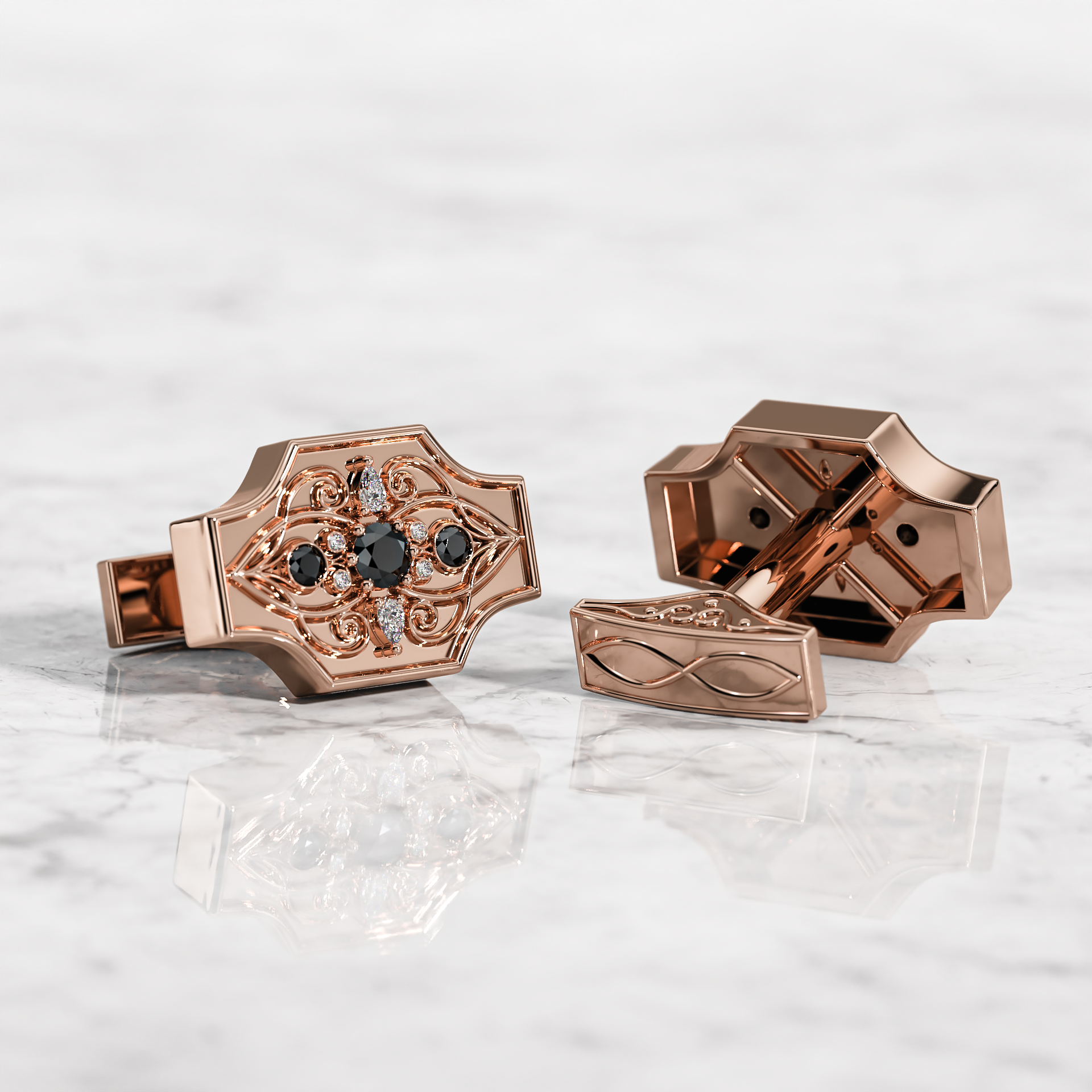 Lurozzia Entangled Gents cufflinks crafted in rose gold featuring natural black diamonds.
