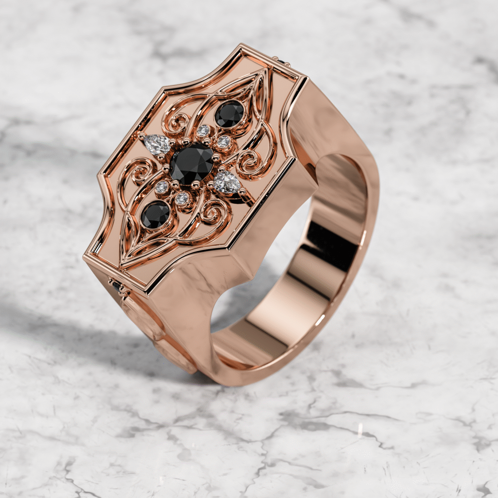 Perspective view of the rose gold Lurozzia Entangled Gents ring featuring black diamonds.