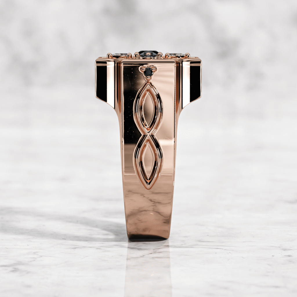 Side view showcasing the detailed pattern of the Lurozzia Entangled Gents rose gold ring with black diamonds.