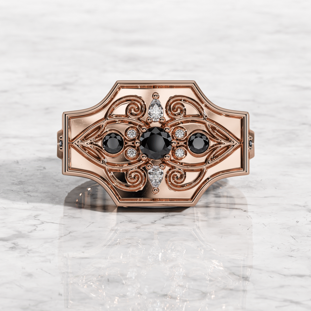 Top view of the Lurozzia Entangled Gents ring in rose gold set with natural black diamonds.