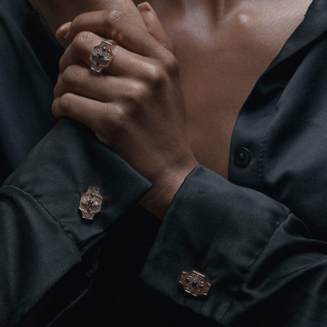 Entangled Signature set in rose gold, featuring intricate detailing with South African black and white diamonds, worn by Katlego Gontse Masike. A De Beers Tirisano Mmogo collaboration by Lurozzia and Sunrise Gems SA. Photographed by Gareth Jacobs Photography. Designed by Award winning designer Roelien Riekert