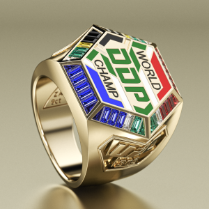 Custom-designed gold championship ring created for UFC World Champion Dricus Du Plessis, DDP, meticulously designed by Roelien Riekert, founder of Lurozzia Jewellers, to celebrate his historic title defense against Israel Adesanya in Perth, Australia — South African bespoke excellence in combat sports and legacy design. Lurozzia Atelier Editions